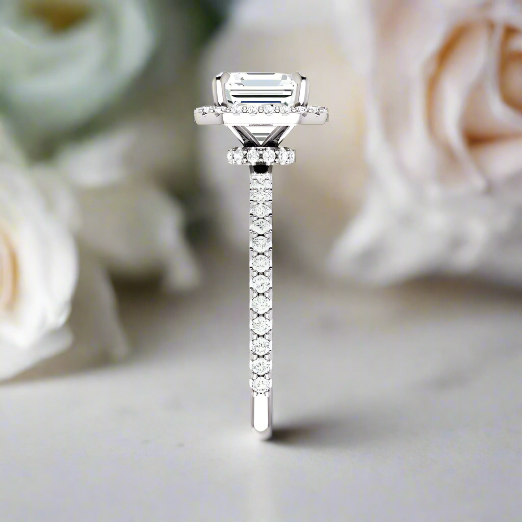 Asscher cut moissanite ring with halo