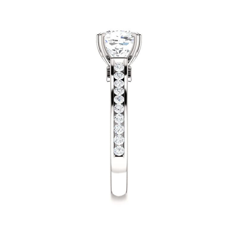 The Tracee Moissanite cushion engagement ring solitaire setting white gold band profile