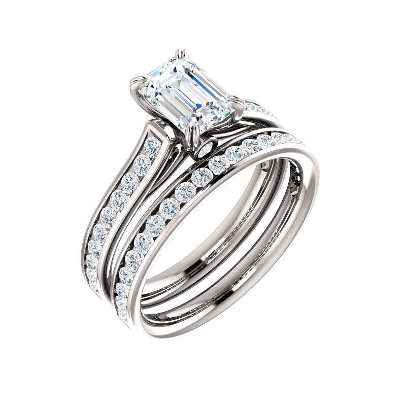 The Tracee Moissanite emerald moissanite engagement ring solitaire setting white gold with matching band