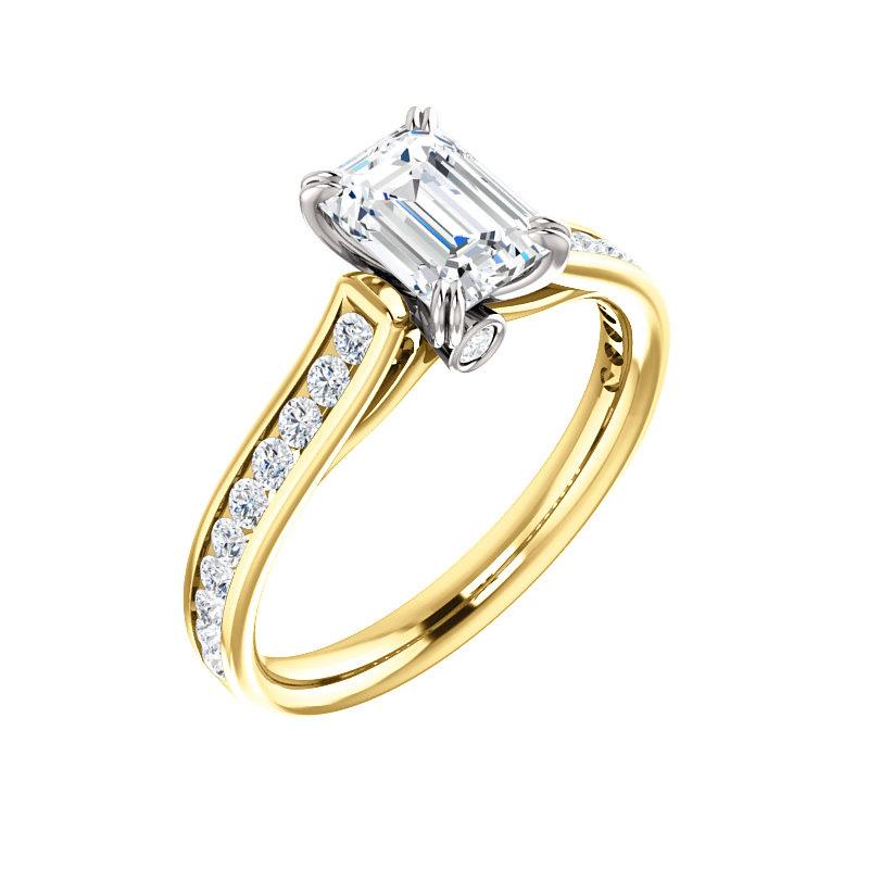 The Tracee Moissanite emerald moissanite engagement ring solitaire setting yellow gold and white gold basket