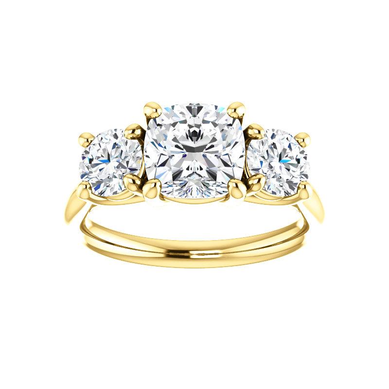 The Meghan Cushion Moissanite Engagement Threestone Ring Setting Yellow Gold