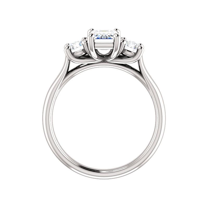 The Meghan Emerald Moissanite Engagement Threestone Ring Setting White Gold Side Profile