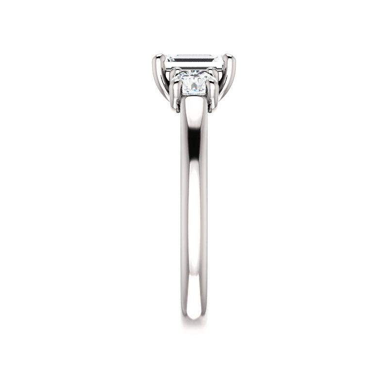 The Meghan Emerald Moissanite Engagement Threestone Ring Setting White Gold Band Profile