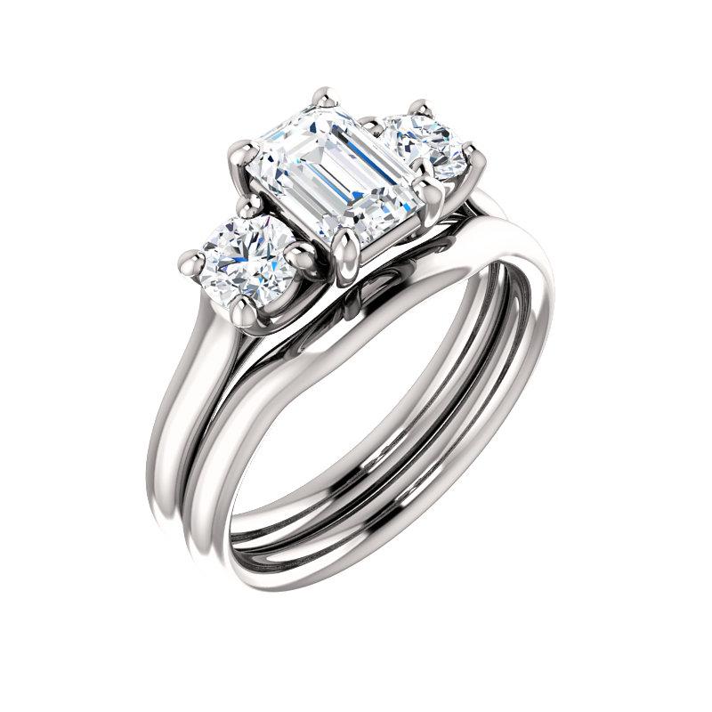 The Meghan Emerald Moissanite Engagement Threestone Ring Setting White Gold With Matching Band