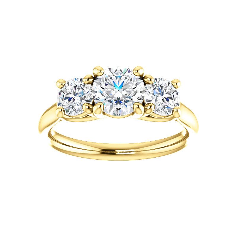 The Meghan Round Moissanite Engagement Threestone Ring Setting Yellow Gold