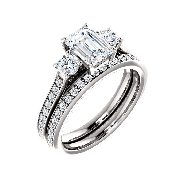 The Weston emerald moissanite engagement ring solitaire setting white gold with matching band