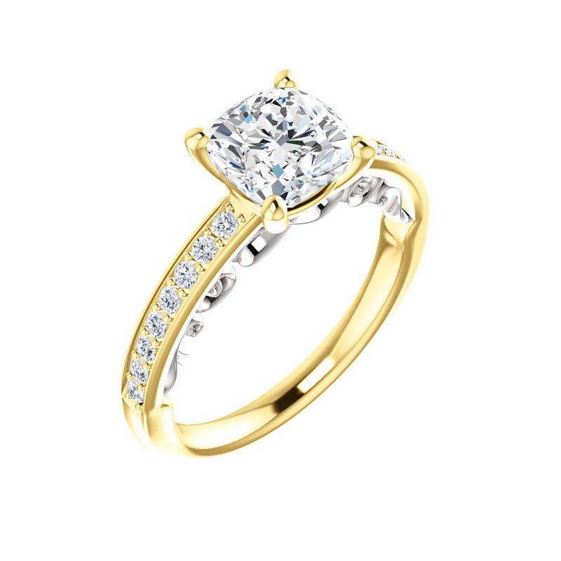 The Amelia Moissanite cushion engagement ring solitaire setting yellow gold and white gold accent
