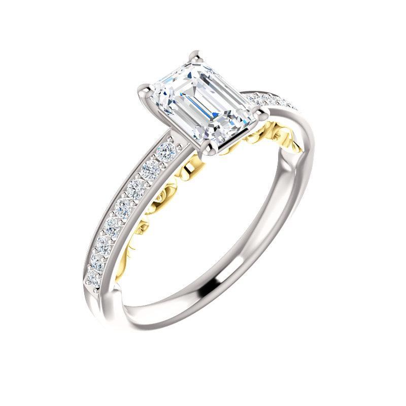 The Amelia Lab Grown Diamond emerald lab diamond engagement ring solitaire setting white gold and yellow gold accent