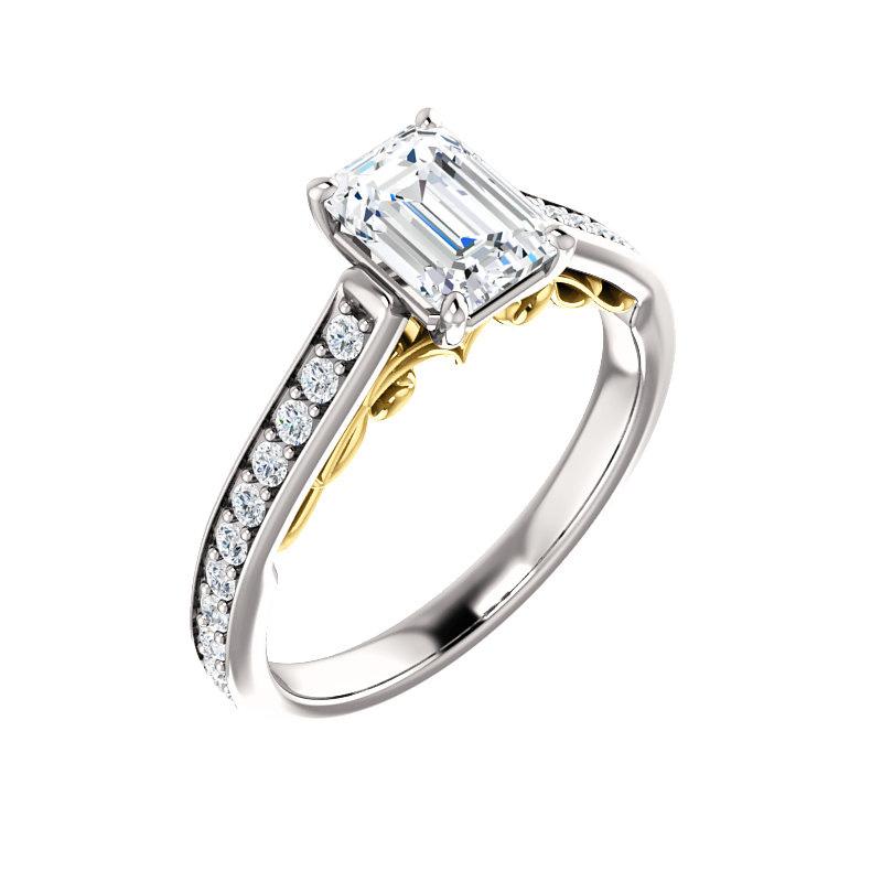 The Andrea Emerald Lab Diamond Ring diamond engagement ring solitaire setting white gold and yellow gold accent