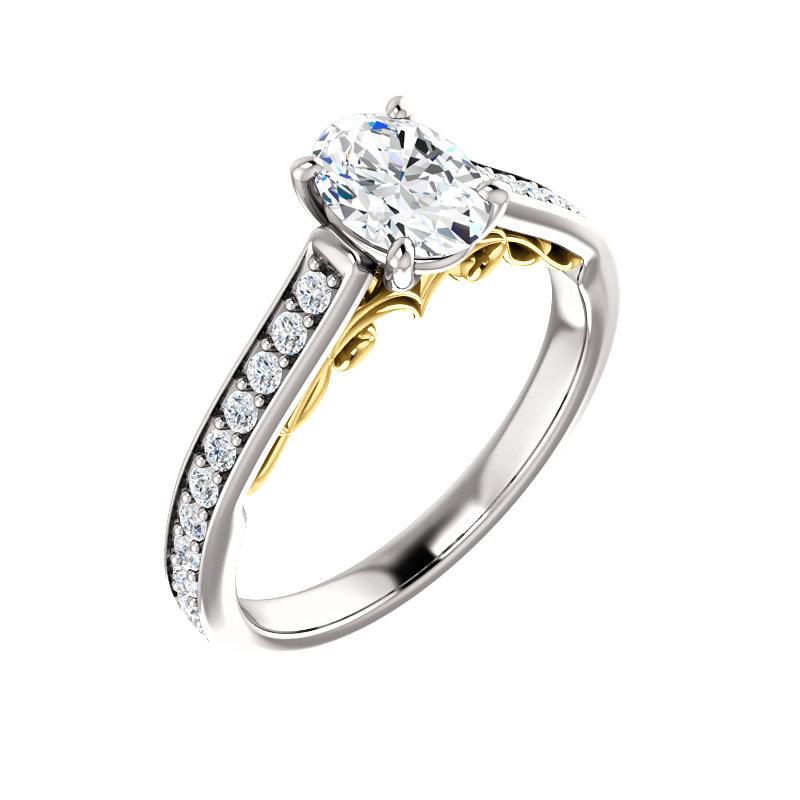 The Andrea Oval Moissanite Ring diamond engagement ring solitaire setting white gold and yellow gold accent