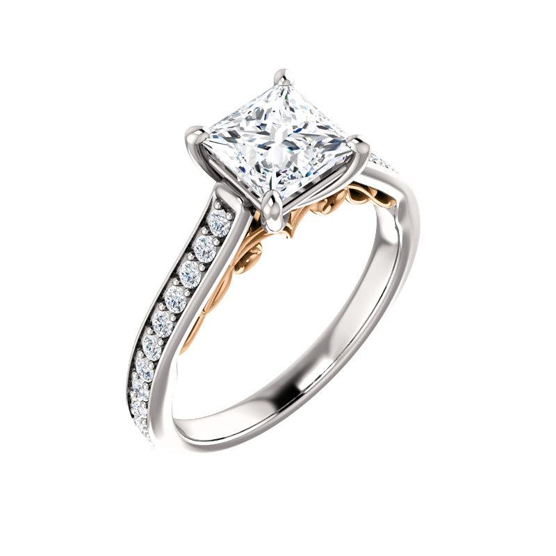 The Andrea Princess Moissanite Ring diamond engagement ring solitaire setting white gold and rose gold accent
