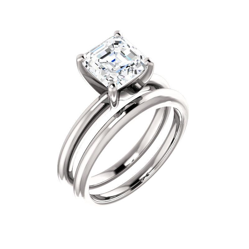 The Four Prongs Asscher Moissanite Engagement Ring Solitaire Setting White Gold With Matching Band