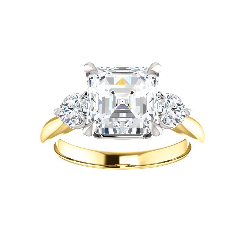 The Tina Asscher Moissanite Engagement Threestone Ring Setting Yellow Gold with White Prongs