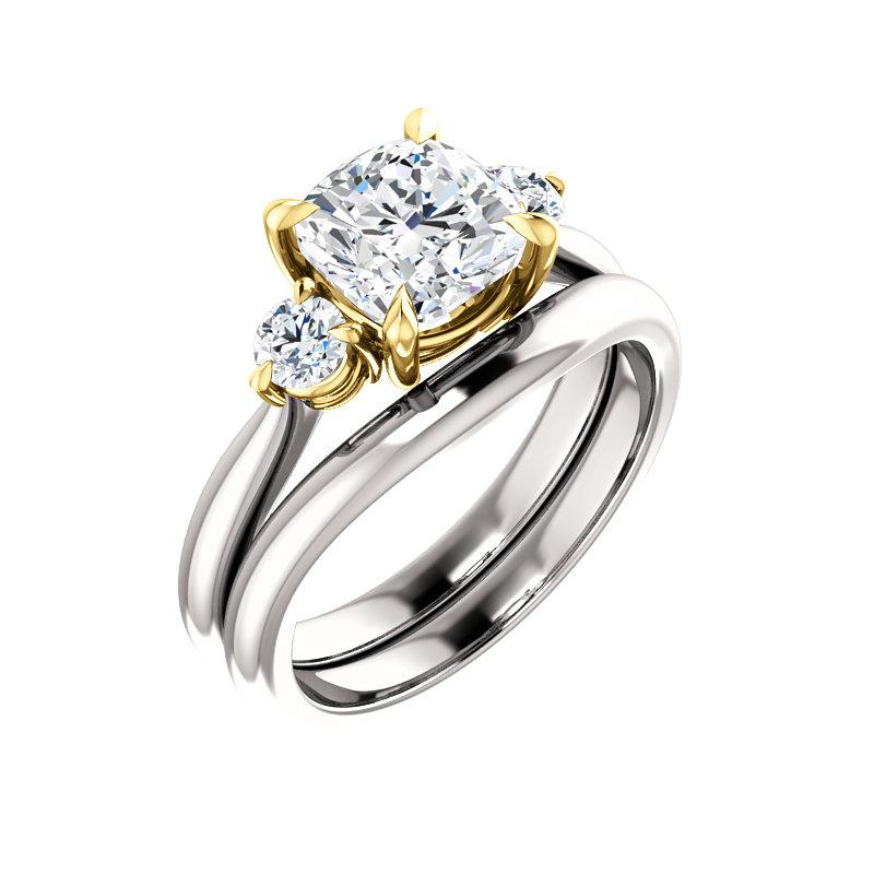 The Tina Cushion Moissanite Engagement Threestone Ring Setting White Gold With Matching Band