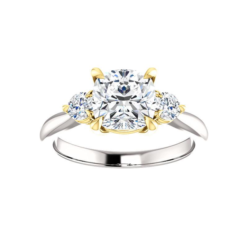 The Tina Cushion Moissanite Engagement Threestone Ring Setting In White Gold with Rose Gold Prongs