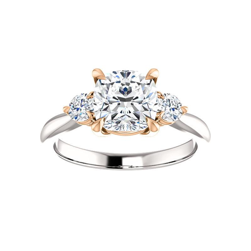 The Tina Cushion Moissanite Engagement Threestone Ring Setting In White Gold with Rose Gold Prongs