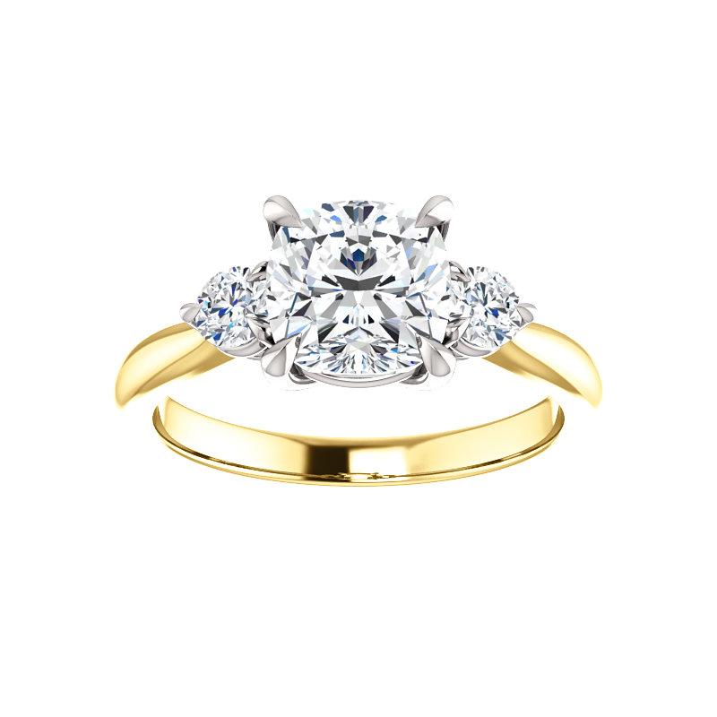 The Tina Cushion Moissanite Engagement Threestone Ring Setting Yellow Gold with White Prongs