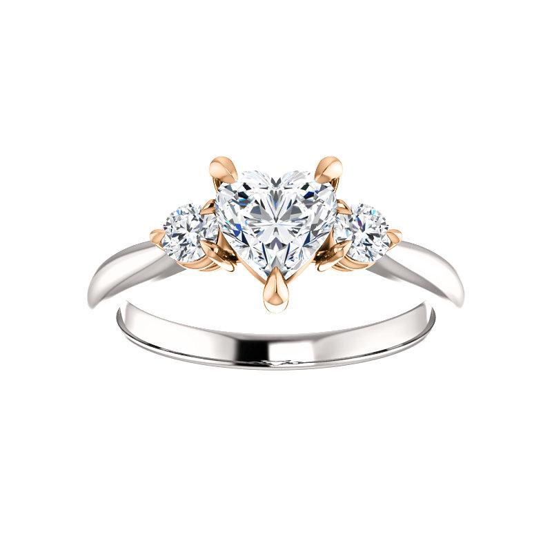 The Tina Heart Moissanite Engagement Threestone Ring Setting In White Gold with Rose Gold Prongs