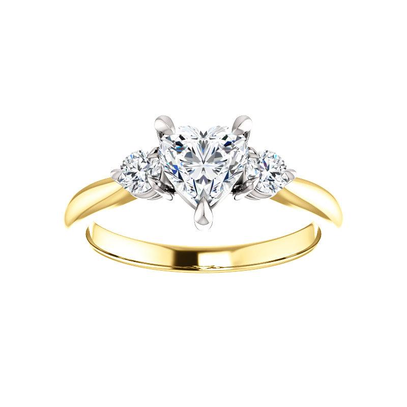 The Tina Heart Moissanite Engagement Threestone Ring Setting Yellow Gold with White Prongs