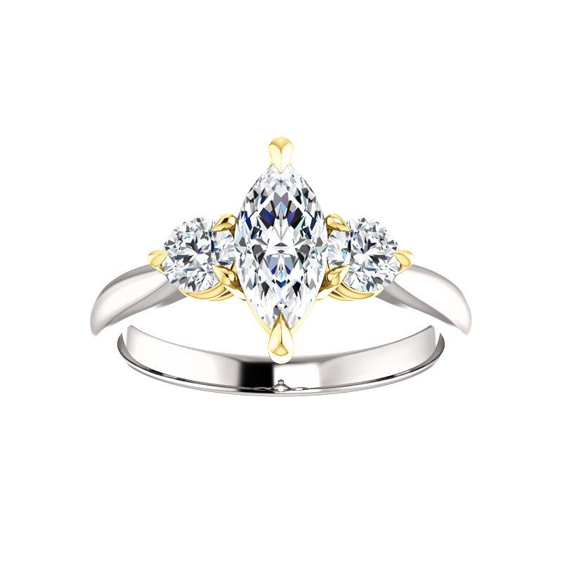 The Tina Marquise Moissanite Engagement Threestone Ring Setting In White Gold with Rose Gold Prongs