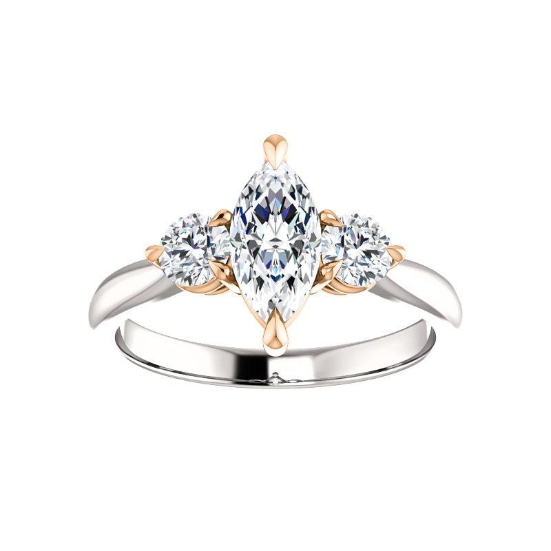 The Tina Marquise Moissanite Engagement Threestone Ring Setting In White Gold with Rose Gold Prongs