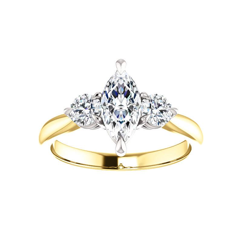 The Tina Marquise Moissanite Engagement Threestone Ring Setting Yellow Gold with White Prongs