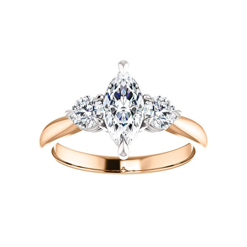 The Tina Marquise Moissanite Engagement Threestone Ring Setting Rose Gold with White Prongs
