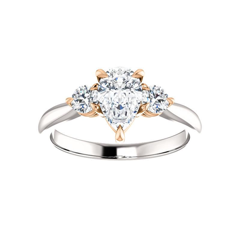 The Tina Pear Moissanite Engagement Threestone Ring Setting In White Gold with Rose Gold Prongs