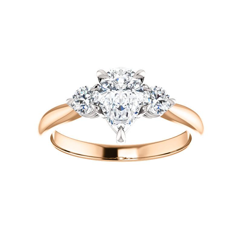 The Tina Pear Moissanite Engagement Threestone Ring Setting Rose Gold with White Prongs