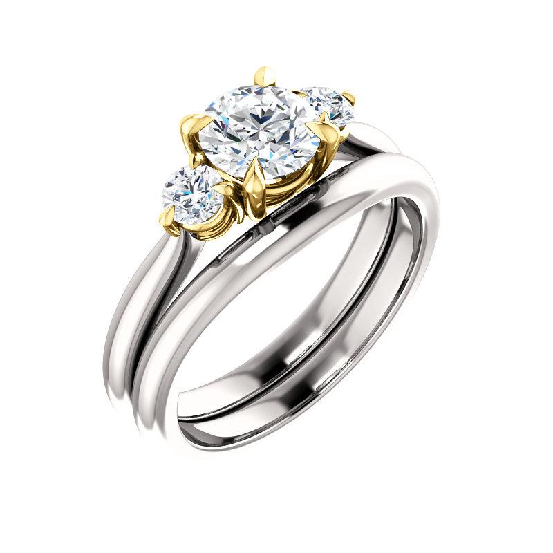 The Tina Round Moissanite Engagement Threestone Ring Setting White Gold With Matching Band