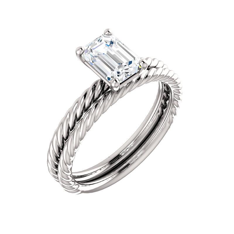 The Lacey Emerald Lab Diamond Engagement Ring Rope Solitaire Setting White GoldWith Matching Band