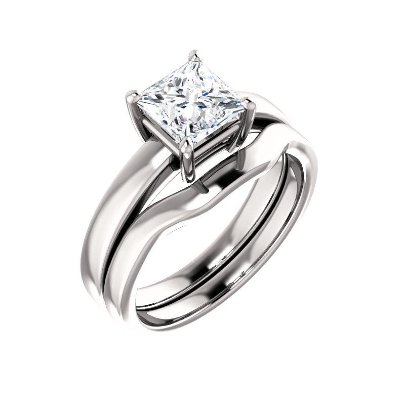 The Jamie Princess Moissanite Engagement Ring Solitaire Setting White Gold With Matching Band