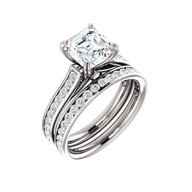 The Tracee Moissanite asscher moissanite engagement ring solitaire setting white gold with matching band