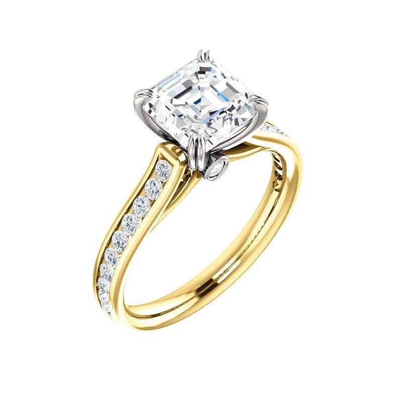 The Tracee Moissanite asscher moissanite engagement ring solitaire setting yellow gold and white gold basket