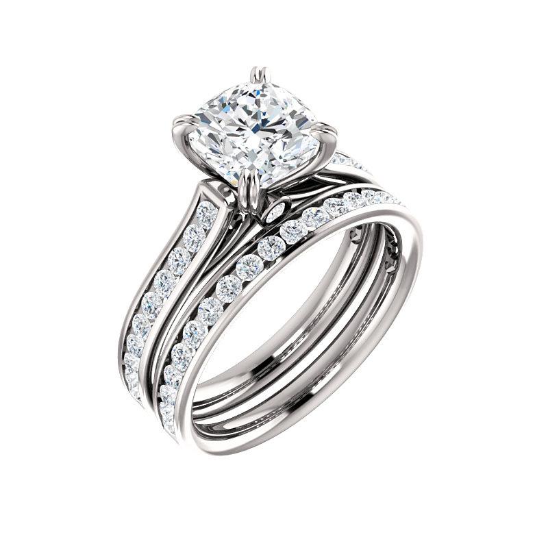 The Tracee Moissanite cushion engagement ring solitaire setting white gold with matching band