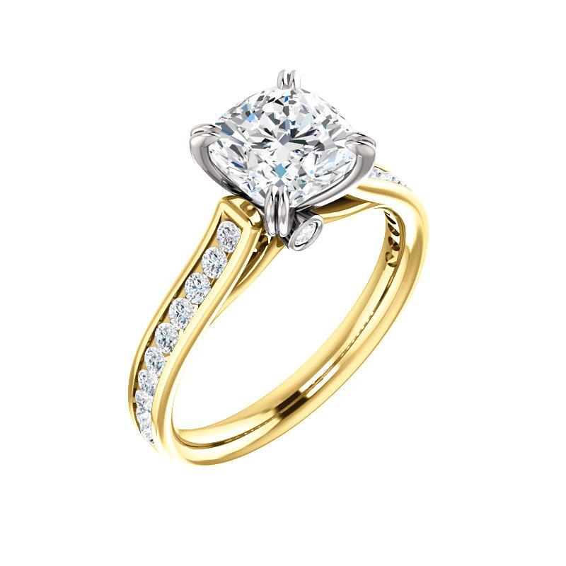 The Tracee Moissanite cushion engagement ring solitaire setting yellow gold and white gold basket