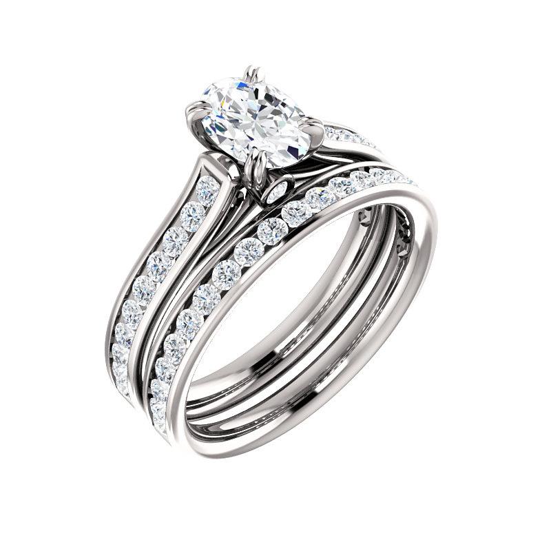 The Tracee Moissanite oval moissanite engagement ring solitaire setting white gold with matching band