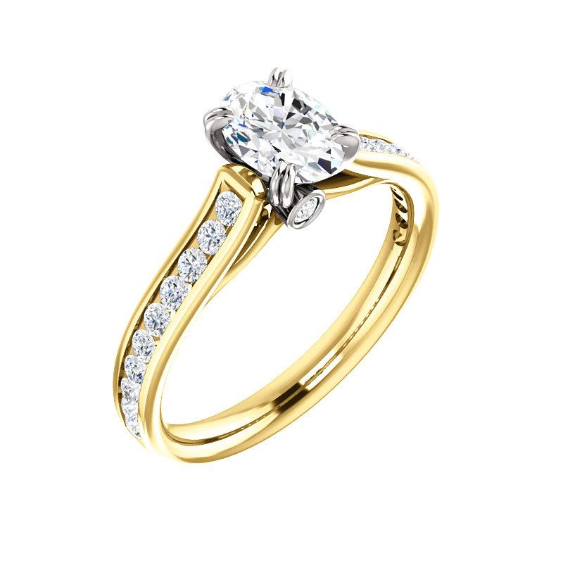 The Tracee Moissanite oval moissanite engagement ring solitaire setting yellow gold and white gold basket