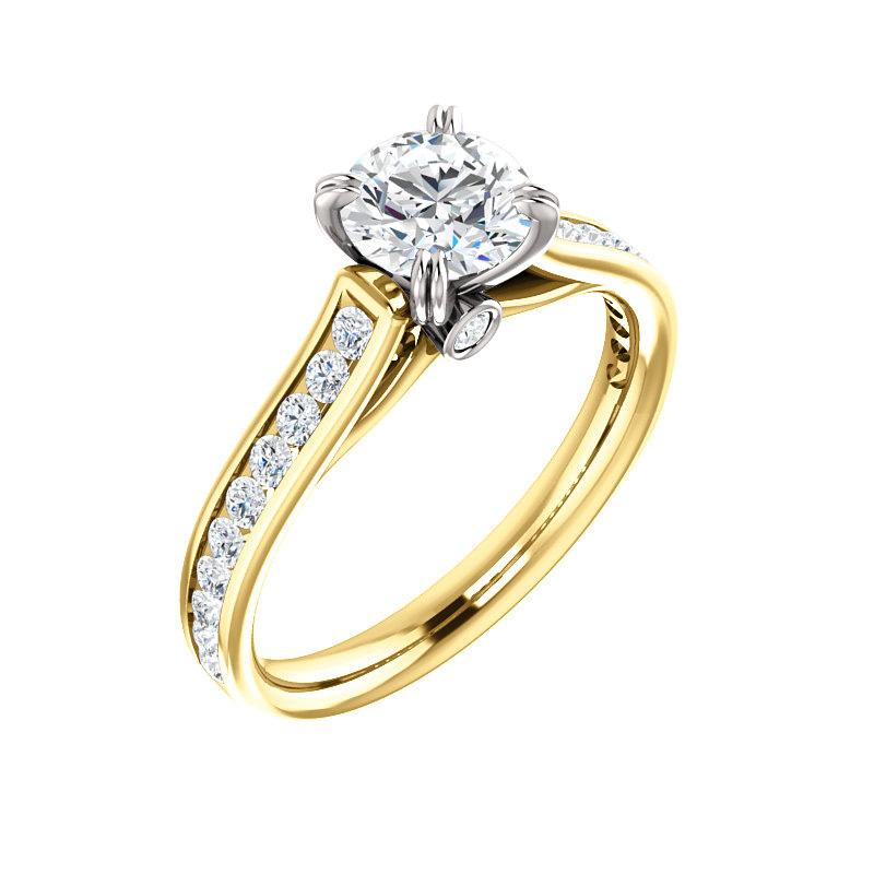 The Tracee Moissanite round moissanite engagement ring solitaire setting yellow gold with white gold basket