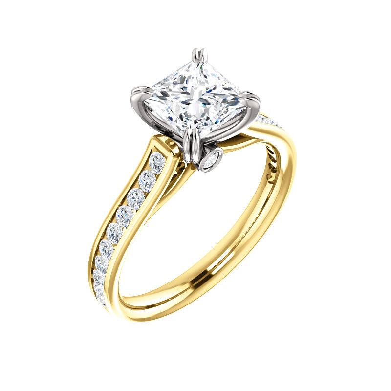 The Tracee Moissanite princess moissanite engagement ring solitaire setting yellow gold and white gold basket