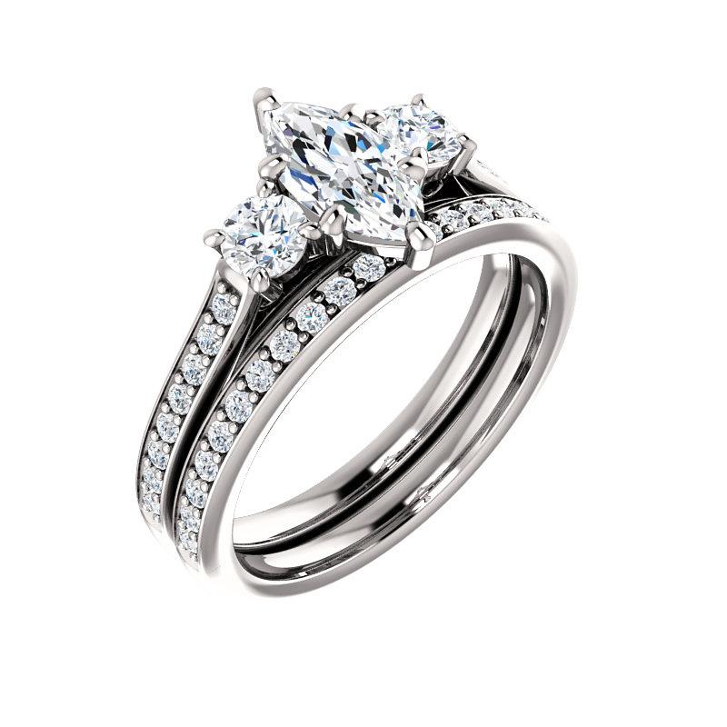 The Weston marquise moissanite engagement ring solitaire setting white gold with matching band