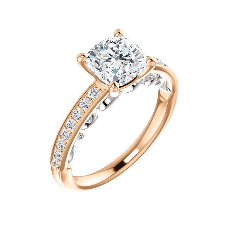 The Amelia Moissanite cushion moissanite engagement ring solitaire setting rose gold and white accent
