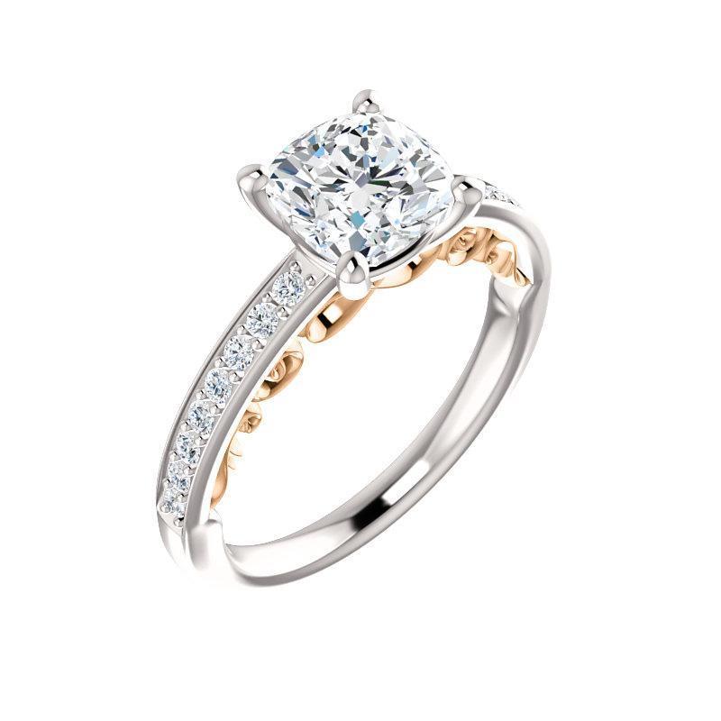 The Amelia Moissanite cushion moissanite engagement ring solitaire setting white gold and rose gold accent