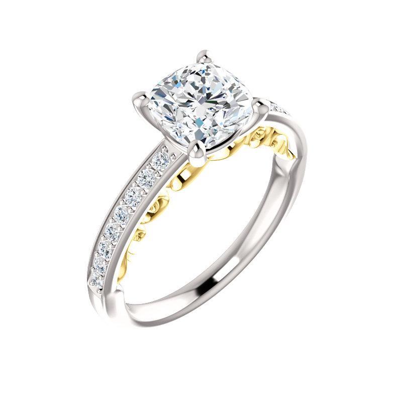 The Amelia Moissanite cushion engagement ring solitaire setting white gold and yellow gold accent