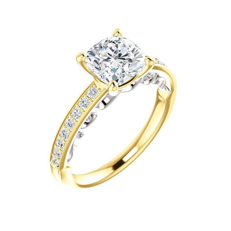 The Amelia Moissanite cushion moissanite engagement ring solitaire setting yellow gold and white gold accent