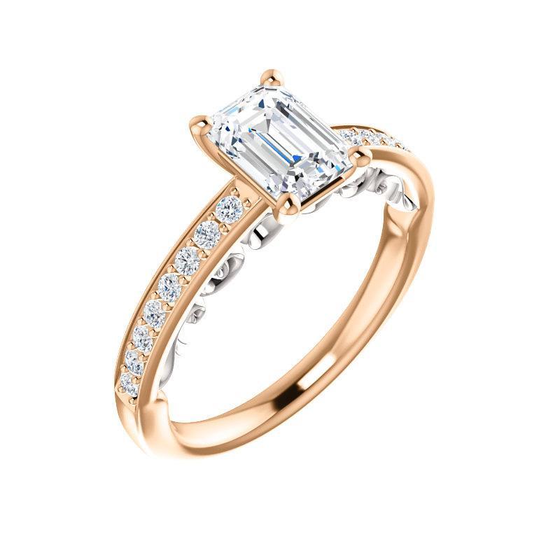The Amelia Lab Grown Diamond emerald lab diamond engagement ring solitaire setting rose gold and white accent