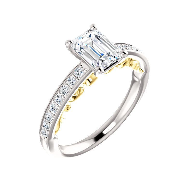 The Amelia Moissanite emerald moissanite engagement ring solitaire setting white gold and yellow gold accent