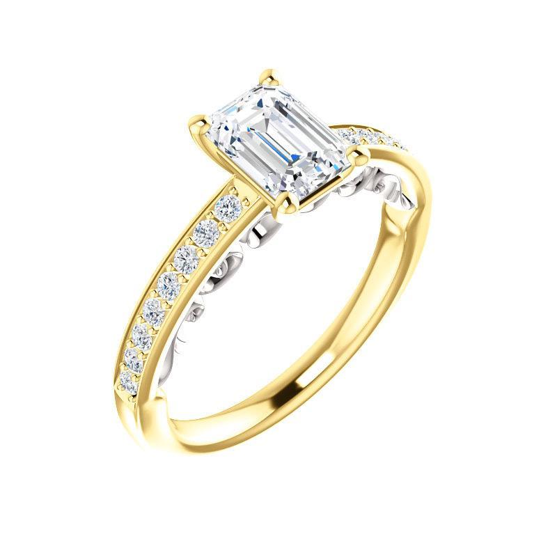 The Amelia Moissanite emerald moissanite engagement ring solitaire setting yellow gold and white gold accent