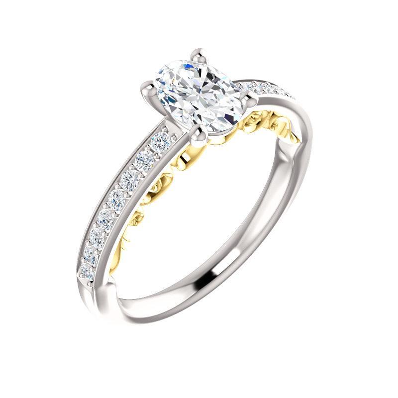 The Amelia Moissanite oval moissanite engagement ring solitaire setting white gold and yellow gold accent