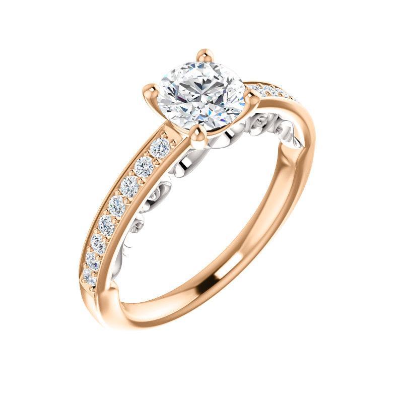 The Amelia Moissanite round moissanite engagement ring solitaire setting rose gold and white accent